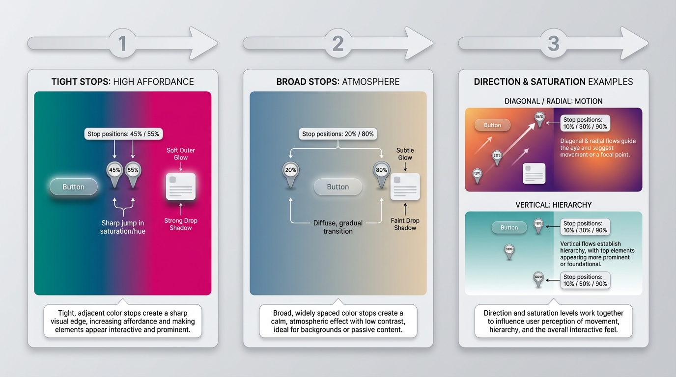 Labeled 16:9 diagram with three horizontal panels showing how gradient stop placement affects depth: left shows tight high-contrast stops near a button making it pop; center shows broad, diffuse stops creating atmosphere behind a card; right shows diagonal, radial and vertical gradient directions. Pins mark stop positions with percentage labels, arrows show left-to-right flow, and English callouts explain affordance, motion, and hierarchy.
