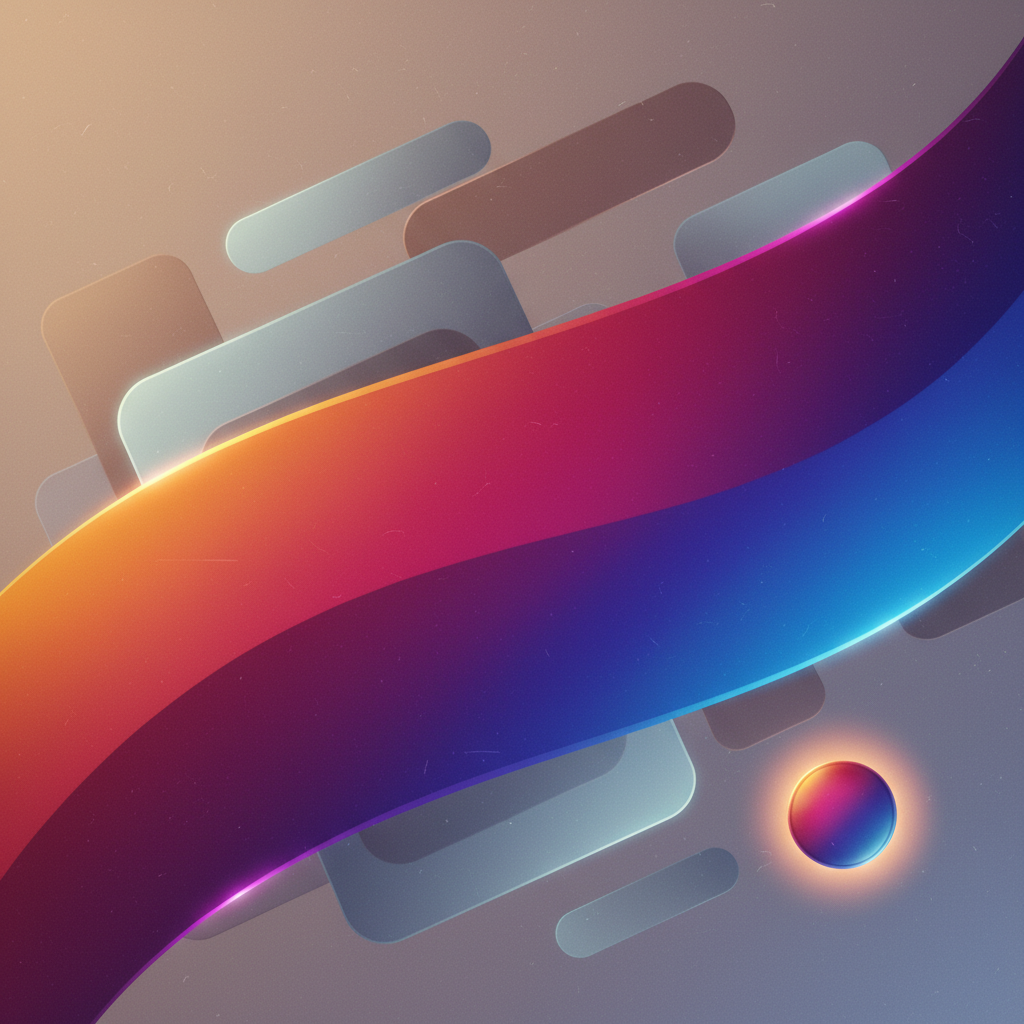 Abstract wide illustration with a diagonal high-saturation multi-stop gradient ribbon (warm orange to magenta to electric blue to deep purple) layered over muted rounded planes and a glossy rounded interactive placeholder; soft shadows, rim light, subtle parallax blur, and gentle bloom create depth and a warm modern mood.