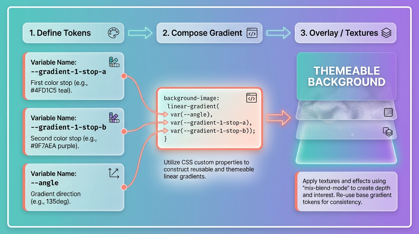 16:9 modern flowchart diagram showing left-to-right steps for theming gradients with CSS variables: define tokens (--gradient-1-stop-a, --gradient-1-stop-b, --angle), compose linear-gradient with var(...) code snippet, and overlay textures with mix-blend-mode; includes arrows, numbered steps, and labeled layered cards.