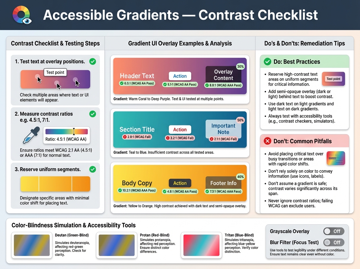 4:3 modern infographic titled 'Accessible Gradients — Contrast Checklist' with left numbered checklist and testing steps, center gradient panels showing overlayed text/buttons with pass/fail contrast labels, right Do/Don't cards and remediation tips, and a bottom strip of color-blindness simulations labeled Deutan/Protan/Tritan. Clean flat design, sans-serif labels in English, vivid gradient samples, semi-opaque overlays, checkmarks/crosses, and clear visual hierarchy.