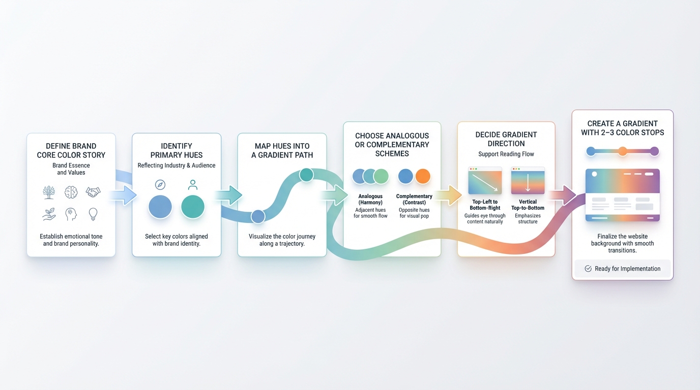 A 16:9 modern flowchart showing steps to define and map brand hues into a gradient for websites, with labeled blocks, arrows, and a color-stops gradient ribbon.