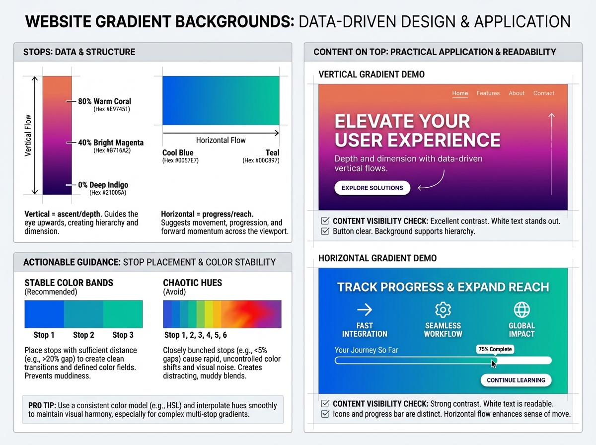 Infographic showing gradient construction for websites, highlighting stops at 0%, 40%, and 80% in vertical and horizontal gradients on a 4:3 layout.