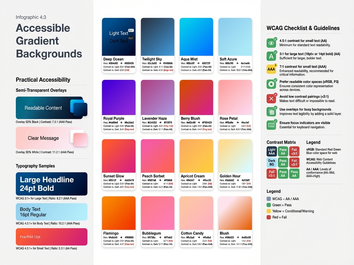 Infographic 4:3 showing gradient background accessibility guidelines, with gradient swatches, an overlay technique demo, a WCAG checklist, a contrast matrix, and color-space legends to guide readable text on gradients.