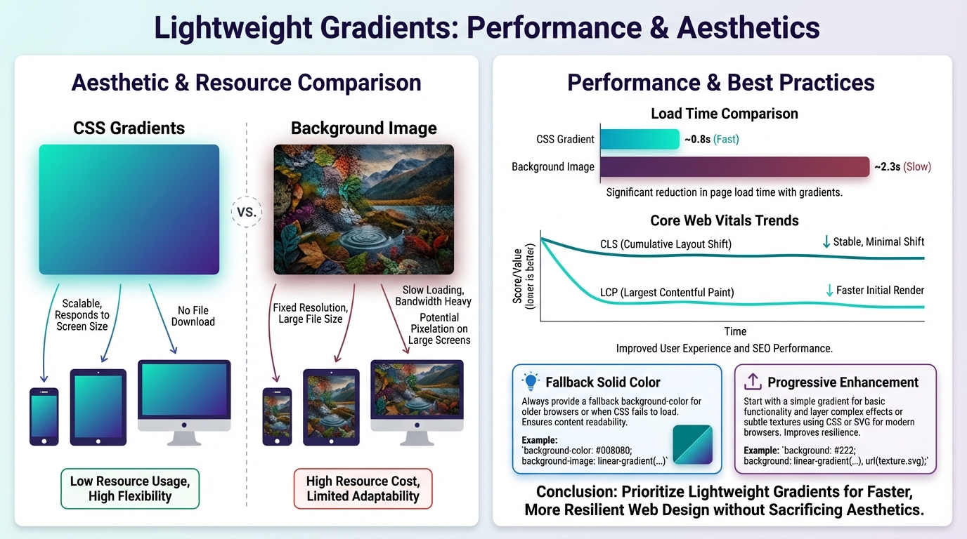 Infographic 16:9 comparing CSS gradients to background images with performance metrics and progressive enhancement notes, device icons, and data charts.