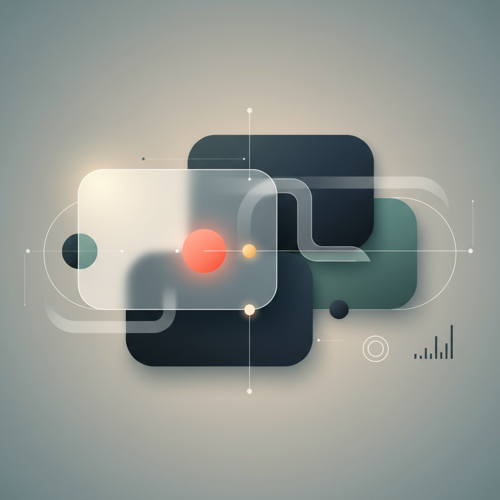 Wide panoramic abstract illustration showing interlocking rounded rectangles, circular tokens, and modular tiles arranged like a design system with one larger translucent hero plate highlighted by soft light. Bright coral and golden accent shapes sit near the hero as a subtle CTA signal; flowing ribbons and curved lines connect components, and minimalist bars and rings suggest measurement. Palette of deep slate, muted teal, warm grey and coral accents, with soft gradients and gentle shadows for a calm, modern, purposeful mood. No text or numbers.
