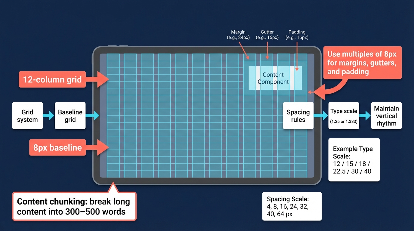 16:9 diagram showing a device mockup with a semi-transparent 12-column grid and 8px horizontal baseline lines, callouts saying "Use multiples of 8px", and a left-to-right flowchart: Grid system → Baseline grid → Spacing rules → Type scale → Maintain vertical rhythm, with example type and spacing scales and a content chunking note.