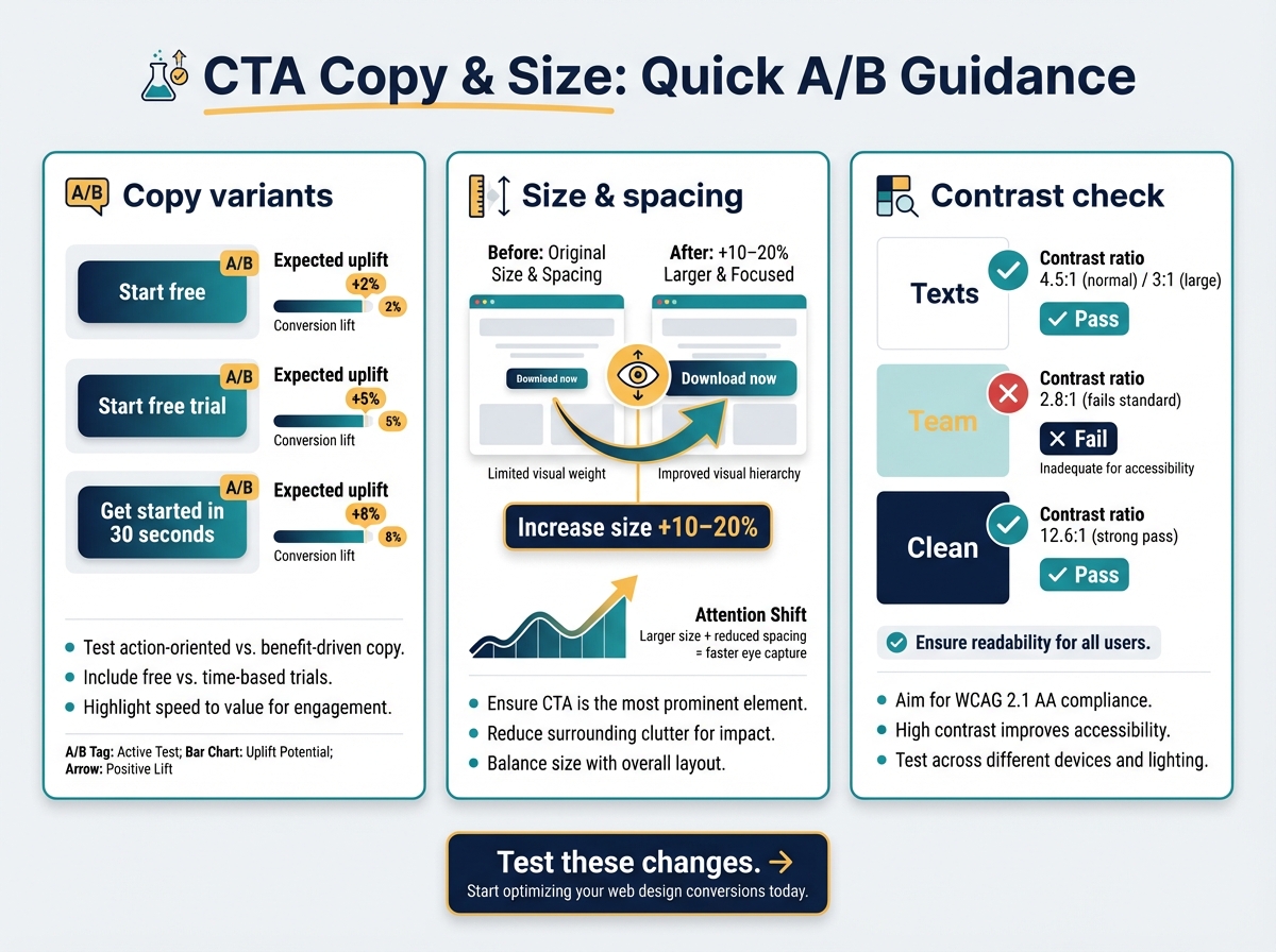 4:3 modern infographic titled ‘CTA Copy & Size: Quick A/B Guidance’ with three panels: left compares three CTA copy variants (‘Start free’, ‘Start free trial’, ‘Get started in 30 seconds’) with small bar charts and expected uplift percentages; center shows before/after CTA size increase (+10–20%) and reduced whitespace with attention arrow and eye icon; right displays contrast swatches and labels ‘Contrast ratio 4.5:1 (normal) / 3:1 (large)’ with pass/fail badges. Uses navy, teal, yellow, and gray, clean sans-serif text, clear hierarchy, legend and bottom CTA ‘Test these changes.’