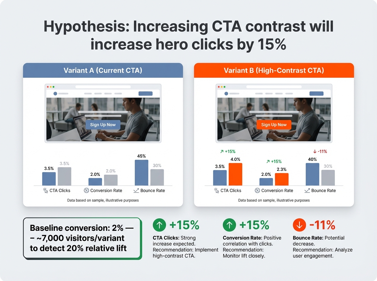 Modern 4:3 infographic showing A/B test hypothesis: header stating expected 15% lift from higher CTA contrast, two side-by-side cards for Variant A (current CTA) and Variant B (high-contrast), a bar chart comparing CTA clicks, conversion rate and bounce rate, a bold stat note "Baseline conversion 2% — ~7,000 visitors/variant to detect 20% lift," and three numeric callouts with icons and short recommendations.