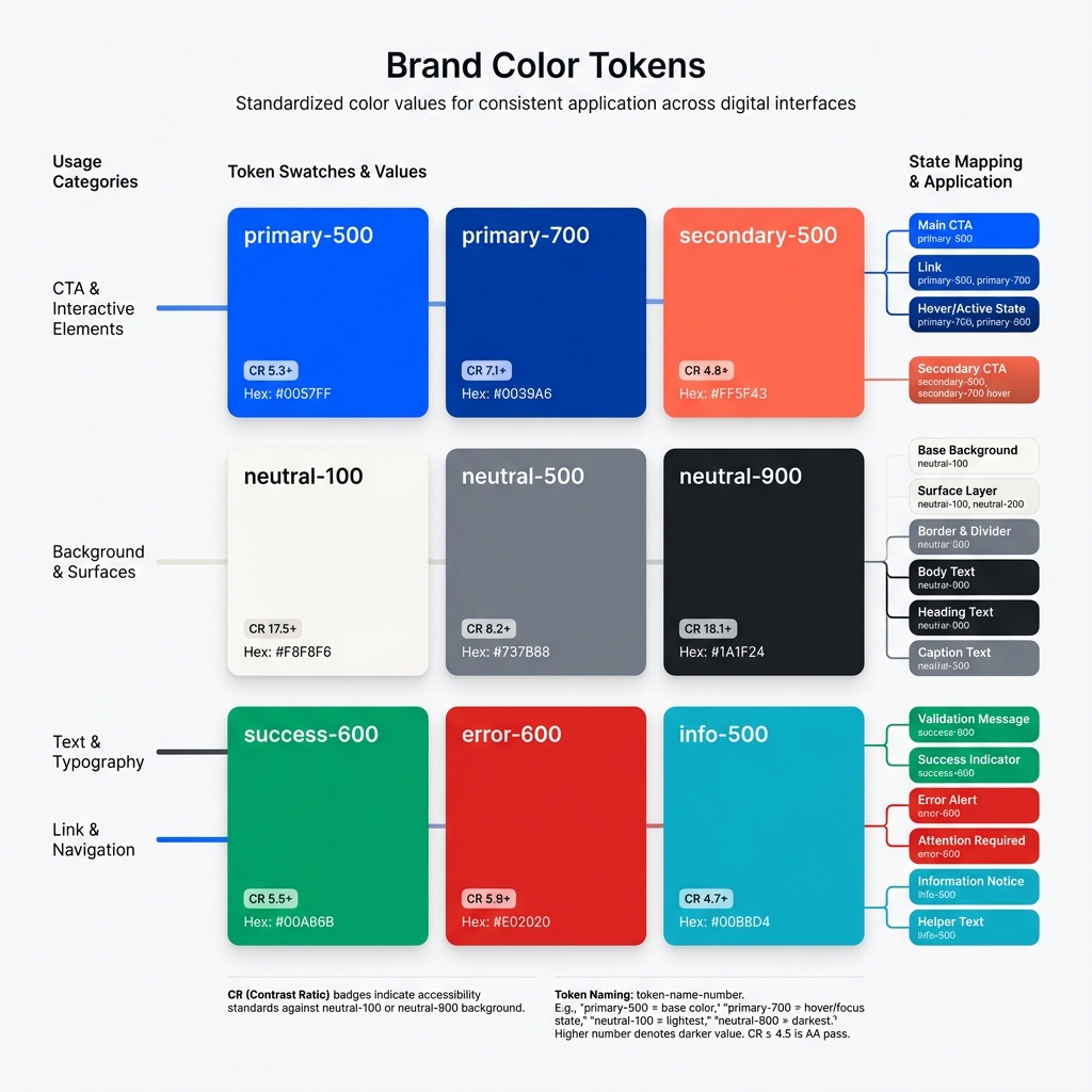 Square modern infographic titled 'Brand Color Tokens' showing a three-column grid: usage labels (CTA, Background, Text, Link) on the left, color swatches with token names (primary-500, primary-700, secondary-500, neutral-100, neutral-500, neutral-900, success-600, error-600, info-500) and hex codes in the center, and state mapping chips (Main CTA, Link, Confirmation, Validation, Attention) on the right. Arrows and connector bars map swatches to usages, a small legend explains token naming (e.g., primary-500 = base, primary-700 = hover), and contrast ratio badges appear on swatches. Clean sans-serif typography, vivid primary cobalt, warm coral secondary, supportive neutrals, and subtle shadows create a crisp, accessible reference for implementers.