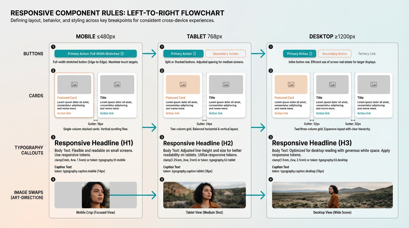 16:9 diagram of responsive component rules across three breakpoints (Mobile ≤480px, Tablet 768px, Desktop ≥1200px). Shows buttons (full-width mobile → inline desktop), cards (single column → two/three columns) with gutter measurement ticks, typography scale callouts with 'clamp' example, and image placeholders showing mobile vs desktop crops; arrows and English labels indicate flow and relationships.