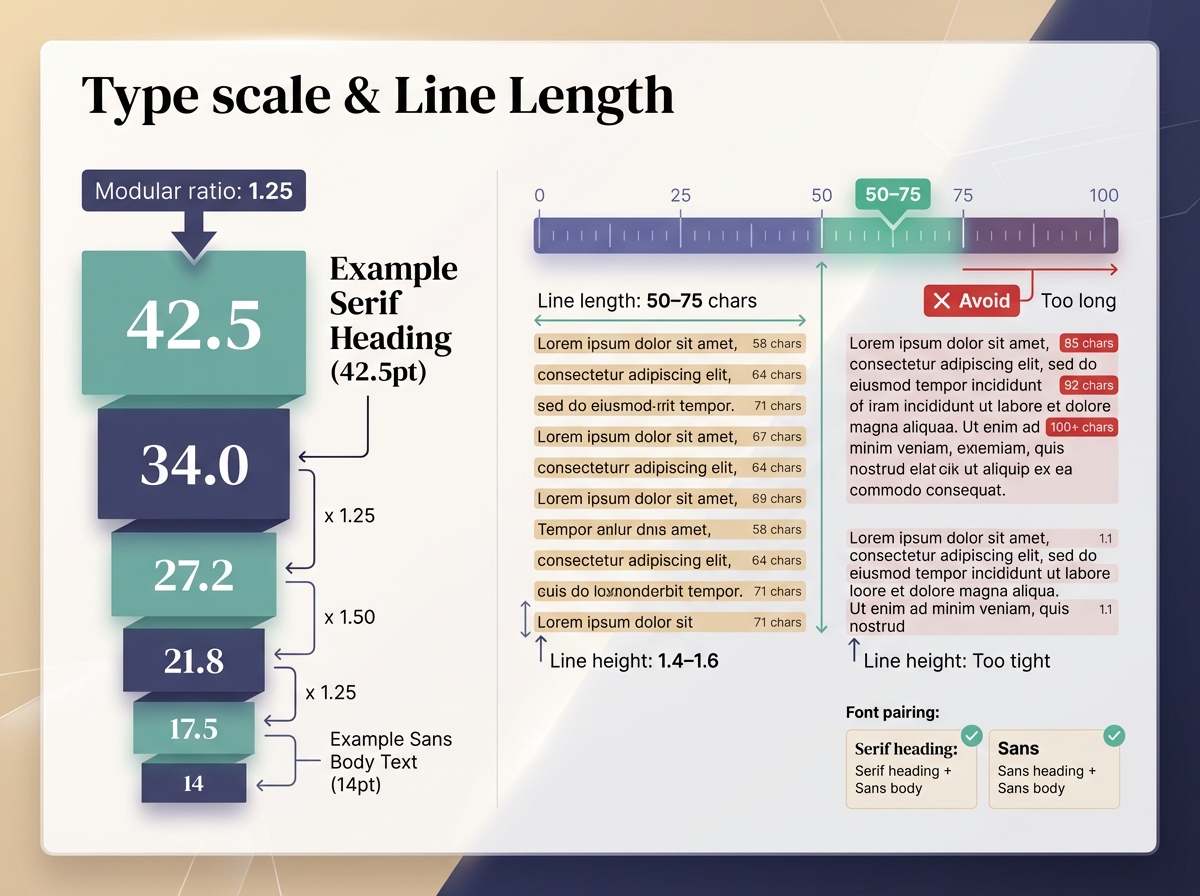 Landscape 4:3 infographic titled 'Type scale & Line Length' with a left vertical stacked type scale showing sizes 14 to 42.5 and ratio 1.25, and a right ruler showing 50–75 characters per line with sample paragraphs and line-height 1.4–1.6; includes a font pairing note 'Serif heading + Sans body' and clear labeled arrows.