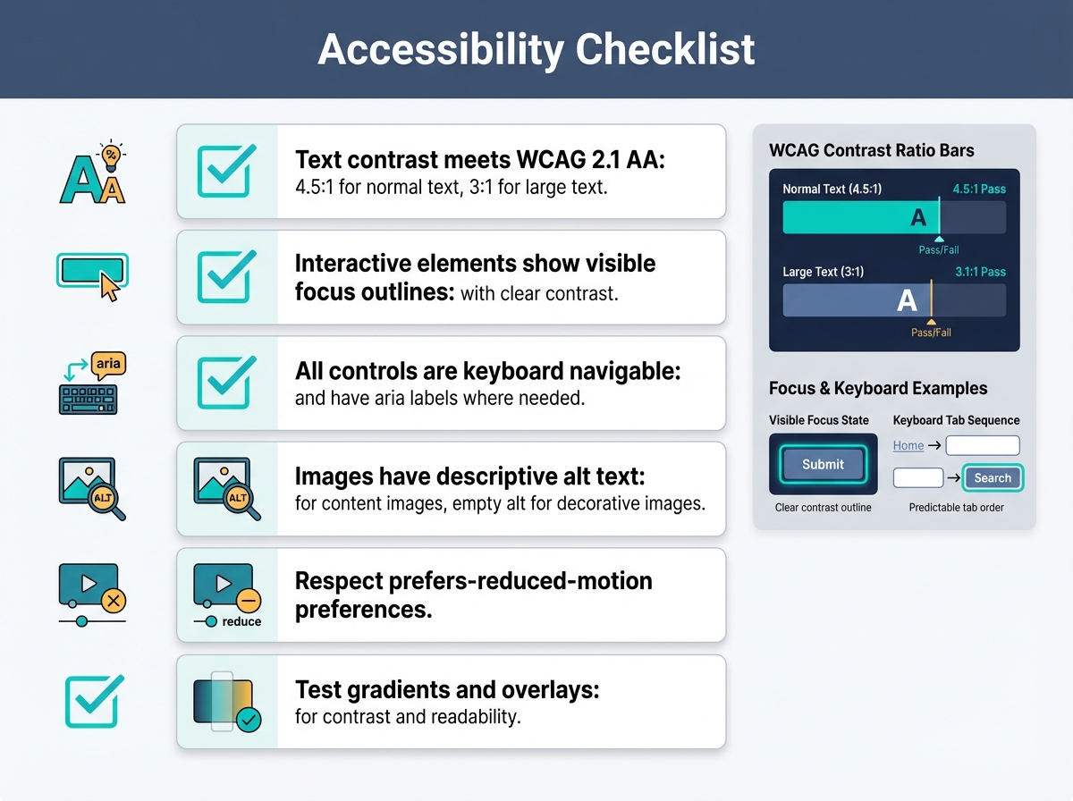4:3 modern infographic titled 'Accessibility Checklist' showing six checklist items (text contrast WCAG 2.1 AA 4.5:1/3:1; visible focus outlines; keyboard navigability and aria labels; descriptive vs empty image alt text; respect prefers-reduced-motion; test gradients/overlays) with icons, checkboxes, contrast ratio bars and focus/keyboard examples on navy background with white cards and teal/amber accents.