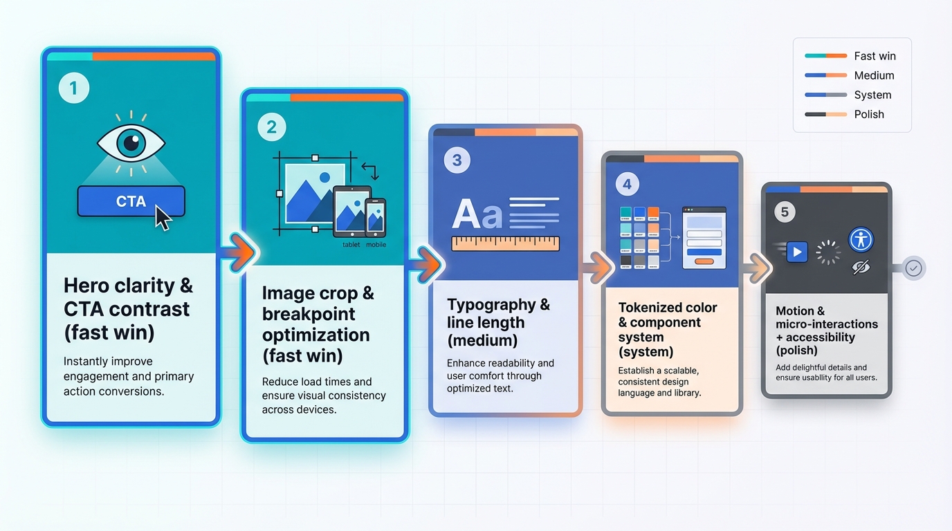 16:9 modern flowchart showing five prioritized website design fixes in English: 1 Hero clarity & CTA contrast (fast win), 2 Image crop & breakpoint optimization (fast win), 3 Typography & line length (medium), 4 Tokenized color & component system (system), 5 Motion & micro-interactions with accessibility (polish). Each numbered card has a simple icon and one-line sublabel, connected by arrows to show order and relationships; top two cards are larger and more saturated to indicate priority. Colors: teal, cobalt, soft orange, charcoal on off-white background; clean sans-serif text, subtle shadows, and a clear legend for categories.