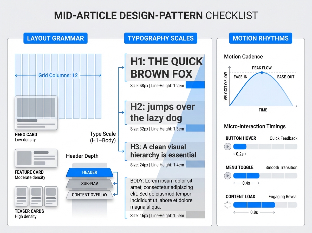 Infographic 4:3 layout with three panels highlighting Layout Grammar (grid, density, header depth), Typography Scales (H1–Body sizes), and Motion Rhythms (cadence curves) in a modern neutral palette with a single accent color.