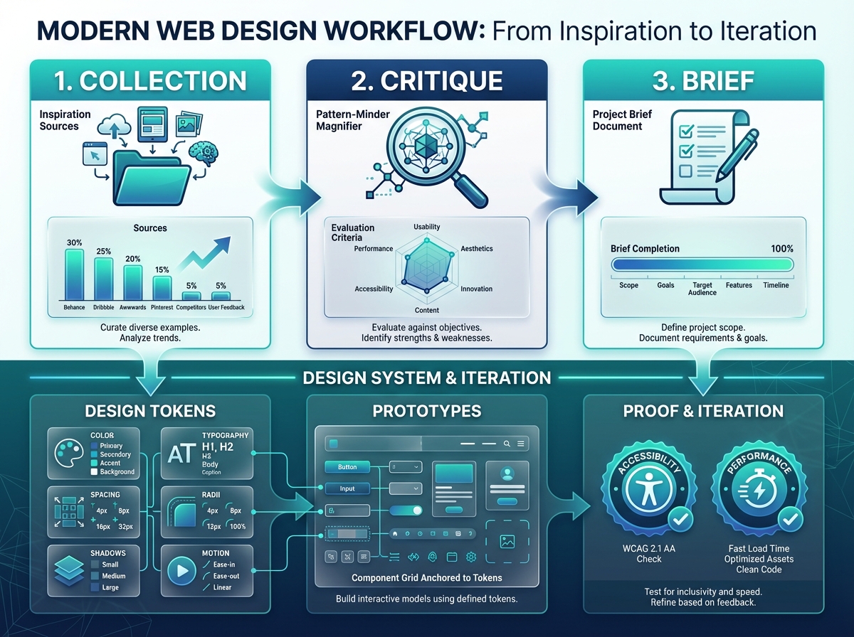 A modern 4:3 infographic showing a three-step workflow for web design inspiration—Collection, Critique, Brief—with additional sections for Design Tokens, Prototypes, and Proof & Iteration, using teal and navy colors, clear icons, and simple charts.
